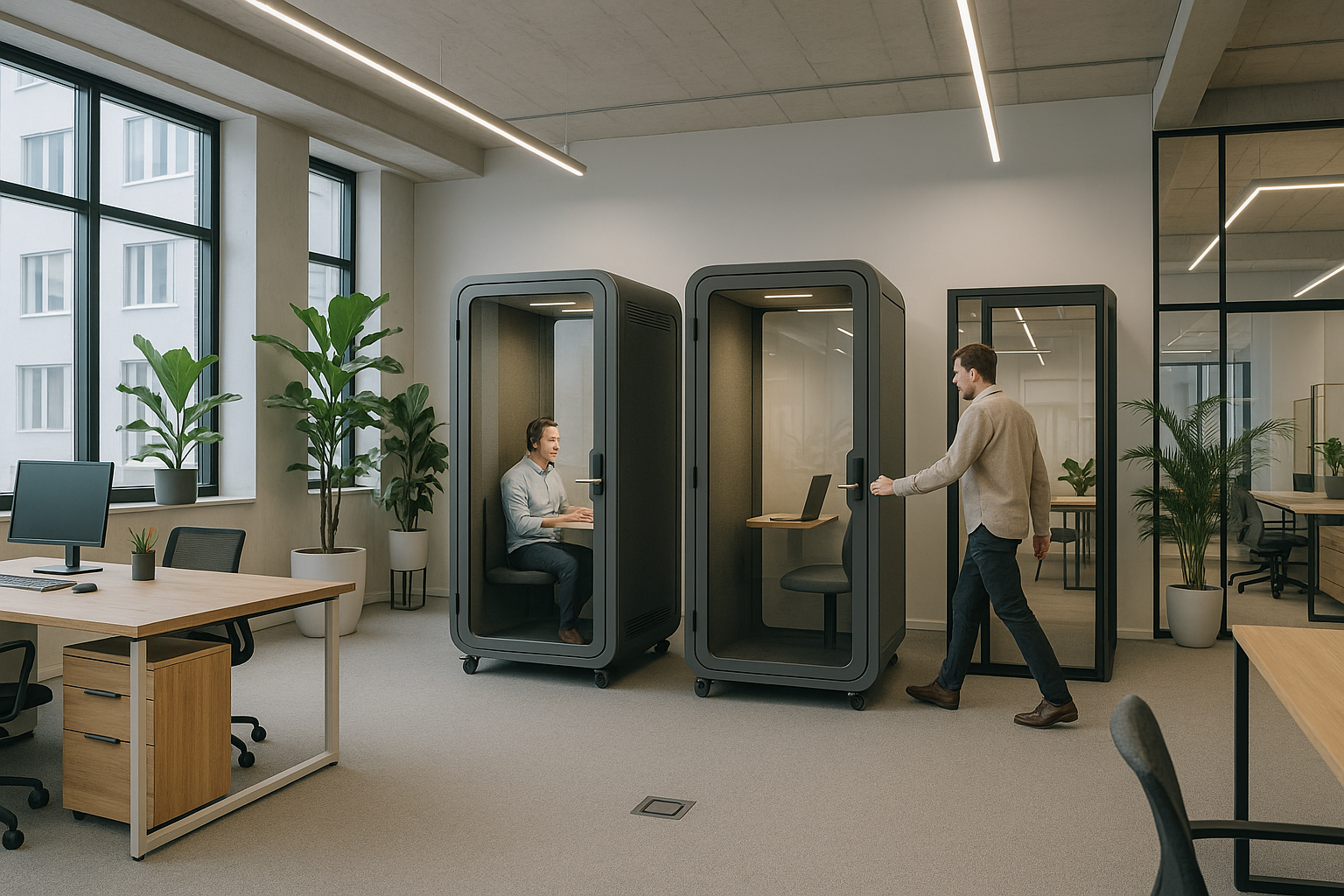 Geluidsdichte cabines in modern kantoorinterieur