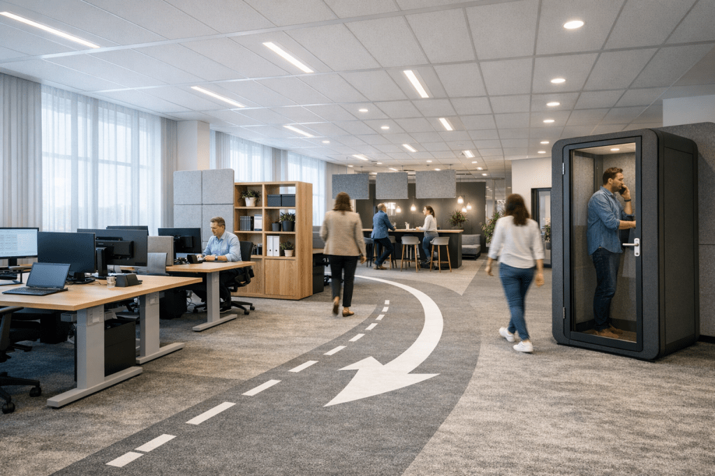 Welke indelingsprincipes zorgen voor een efficiënte werkplek bij het ontwerp van kantoorinrichting, van looproutes tot&nbsp;flexplekken?